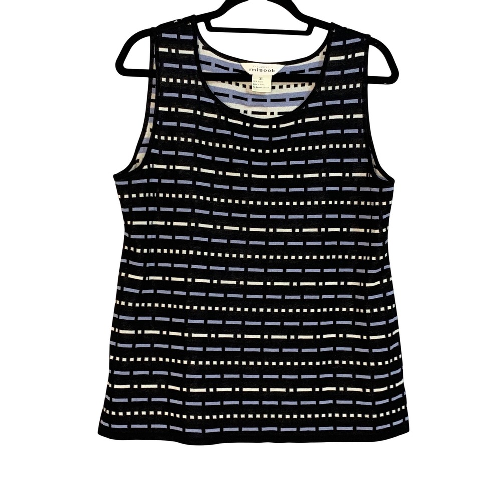 Misook XL Knit Tank Top Sleeveless Black White Blue‎ Geometric Pattern